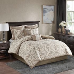 8 Piece Jacquard Comforter Set Tan/Ivory Cal King